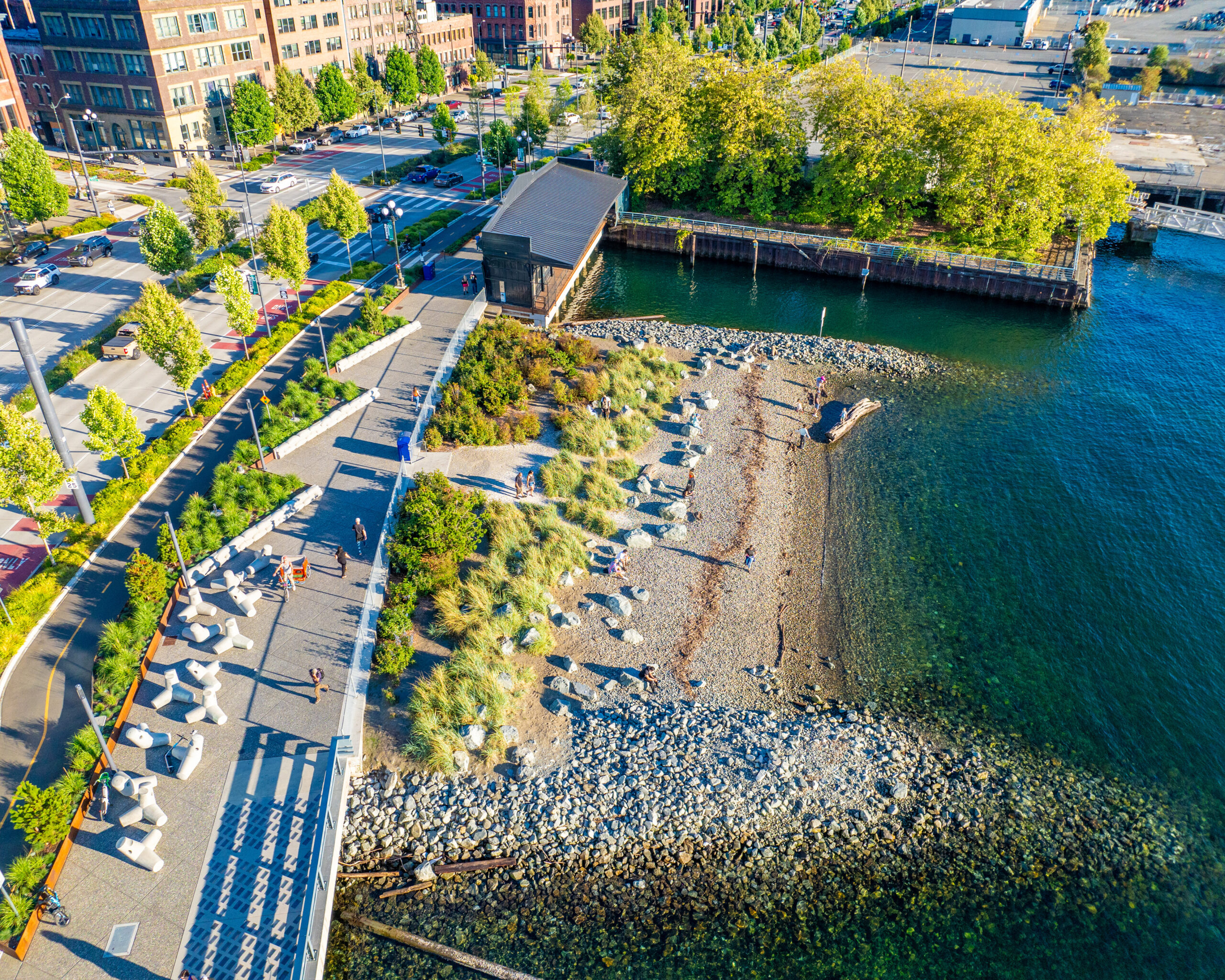 Aerial view of a waterfront park with a rocky beach, walking paths, greenery, and nearby buildings on a sunny day.