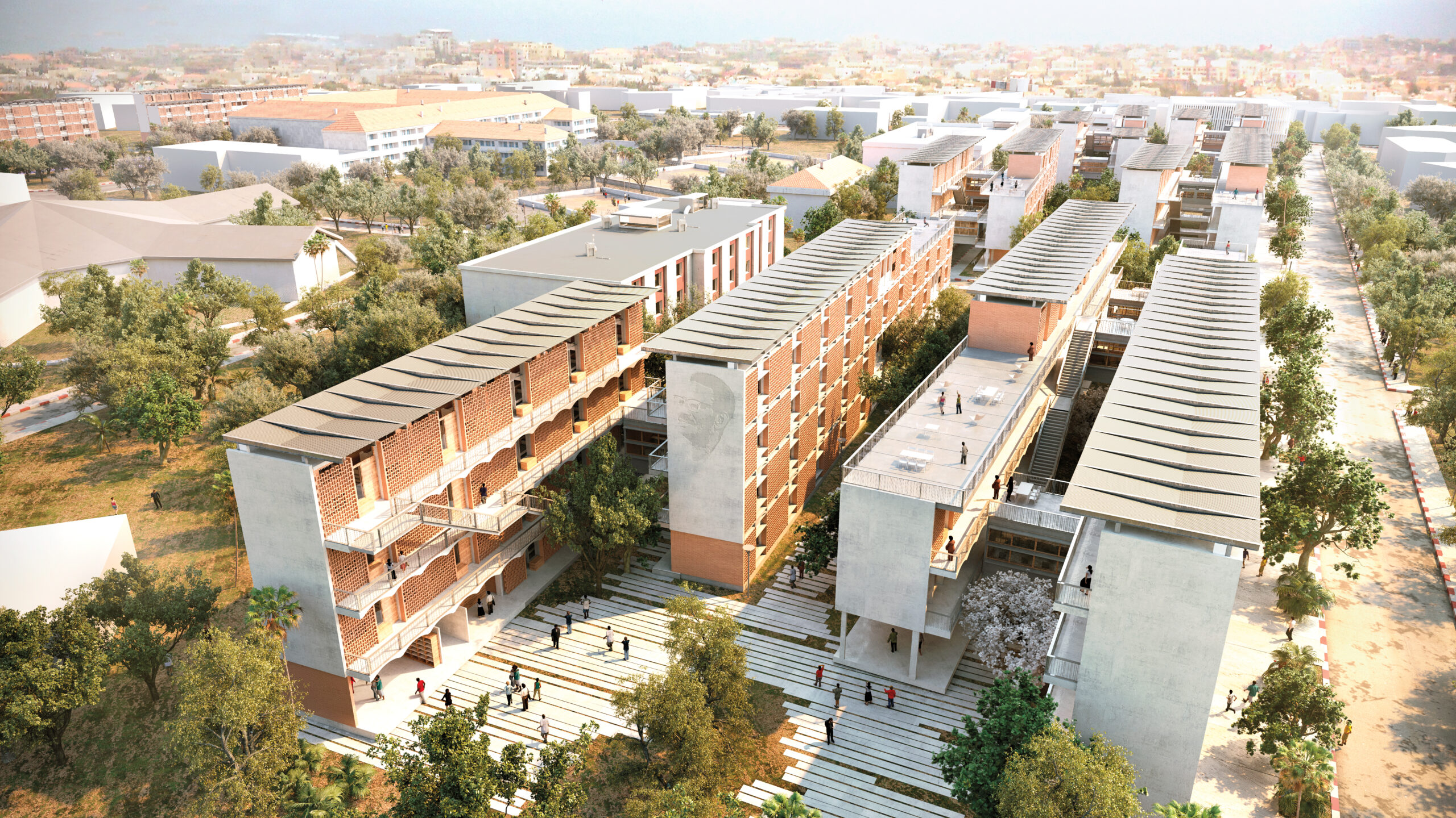 Student Housing block apartments in Dakar with perforated facades, sitting within tree-lined streets.