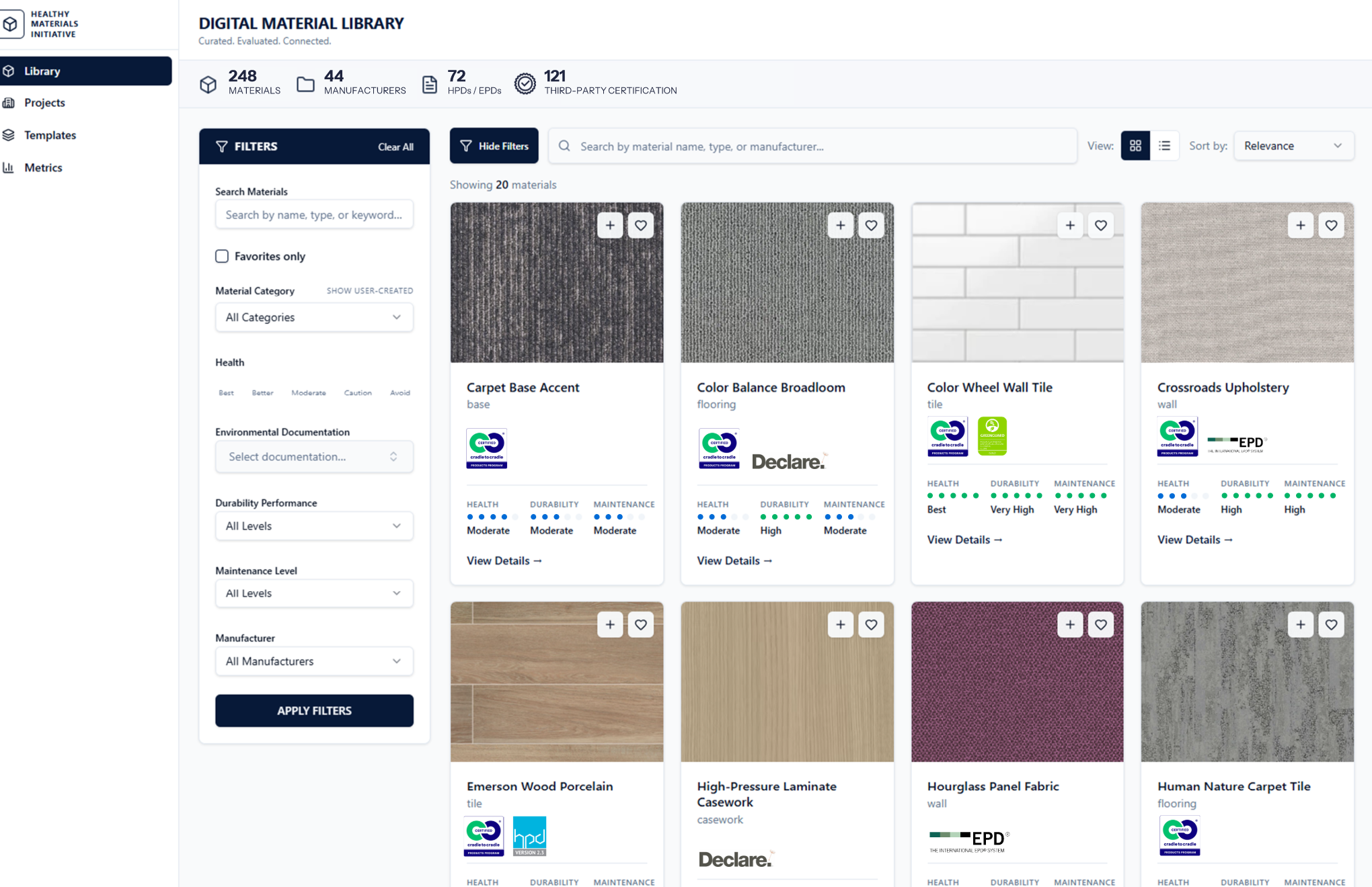 A digital material library interface displays various material options with images, names, certifications, and filtering options on the left sidebar.