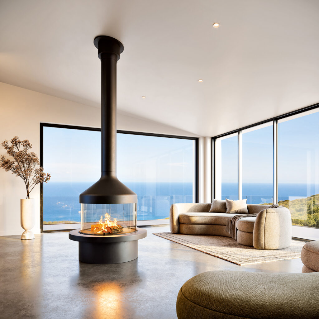 Products to Specify: Modern living room with a central glass fireplace, beige furniture, large windows, ocean view, and minimalistic decor.