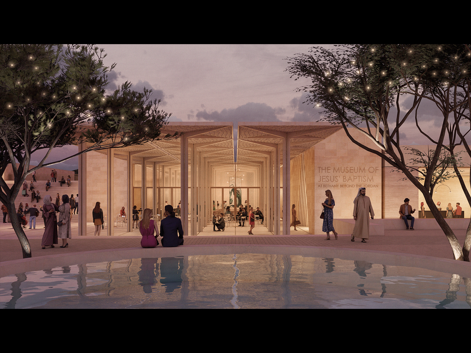 Modern building with large glass entrance and wooden roof, designed by Níall McLaughlin and labeled “The Museum of Jesus’ Baptism,” surrounded by people, trees, and a reflecting pool at dusk.