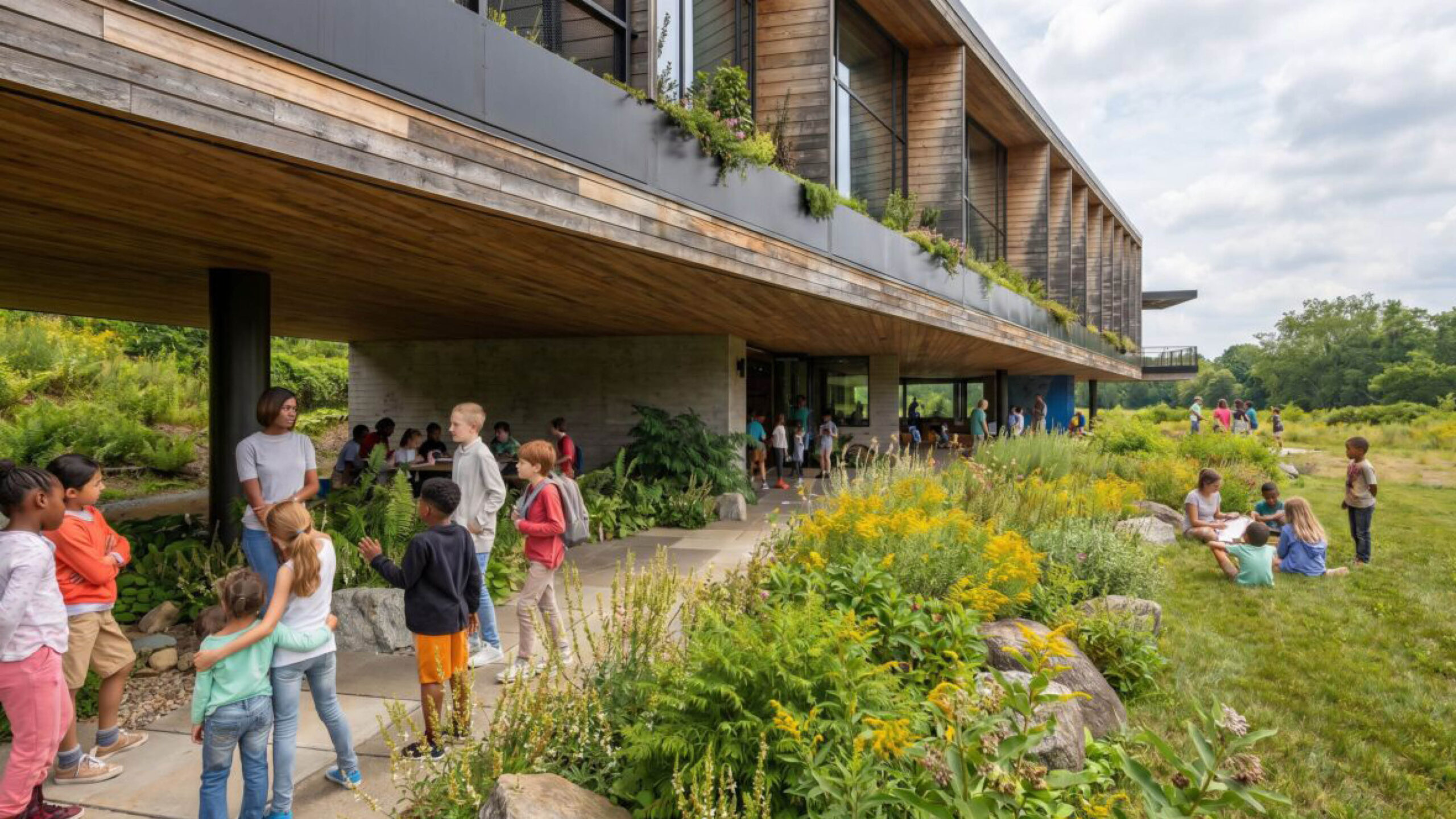 Children and adults gather and interact outside a modern two-story building surrounded by gardens and greenery on a cloudy day.