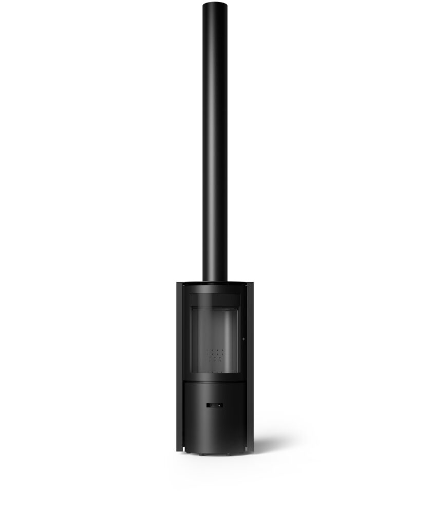 Black modern freestanding wood-burning stove with a tall vertical chimney pipe, set against a plain white background.