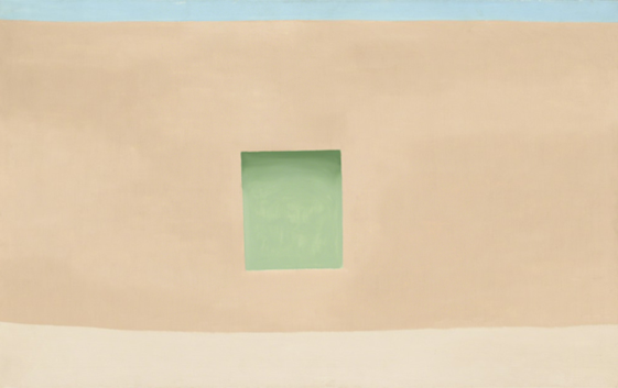 A beige wall with a green square window in the center, a strip of blue sky on top, and a pale ground at the bottom.