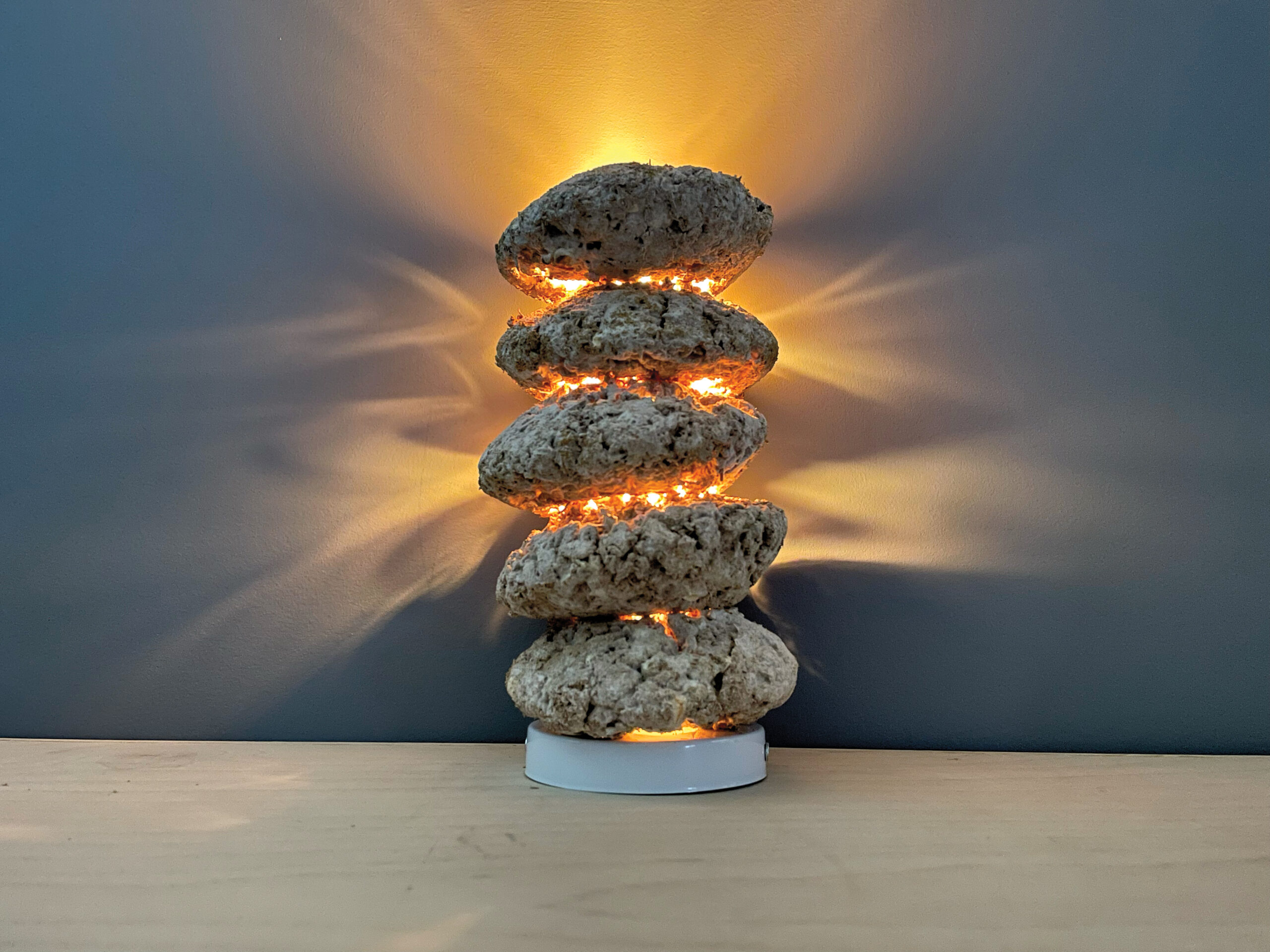 Mycelium lamp by Yu Nong Khew on a wood table with grey blue background.