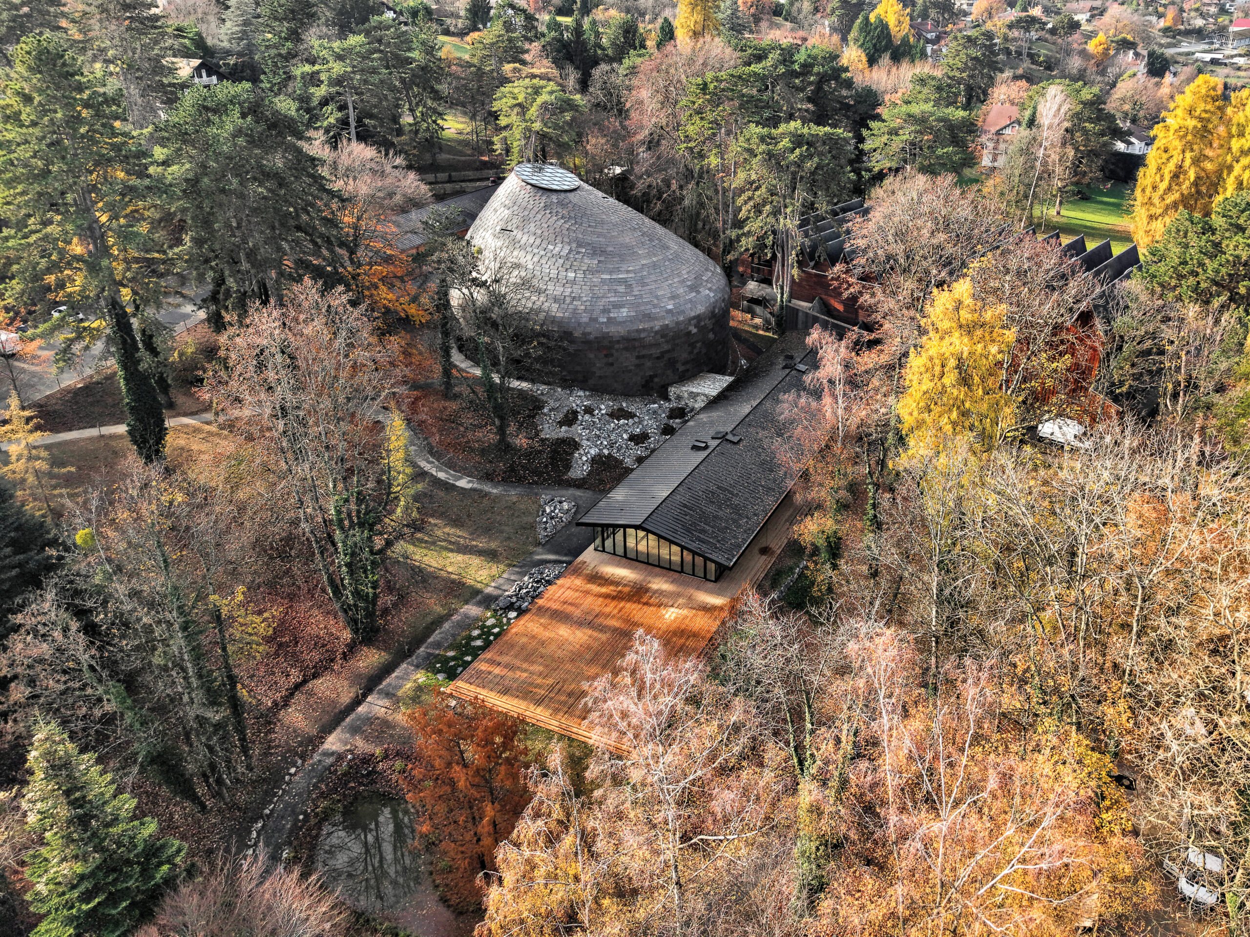 Curved dome concert hall by PCA-STREAM within a forest clearing, from birds-eye-view.