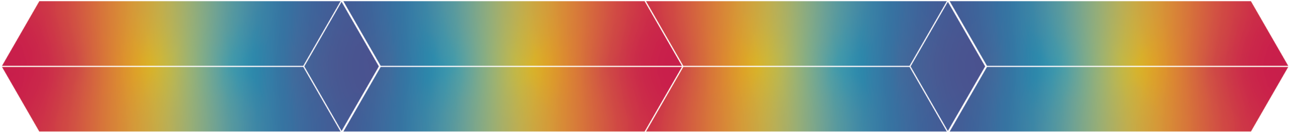 A horizontal row of four connected hexagonal shapes featuring a gradient of red, yellow, and blue.