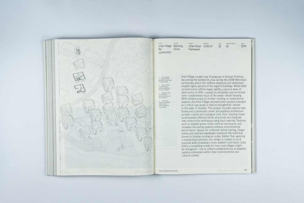 An open book displays architectural drawings on the left and descriptive text about Architecture’s Kinships in the Jianzi Village Batang, China rural construction project on the right.