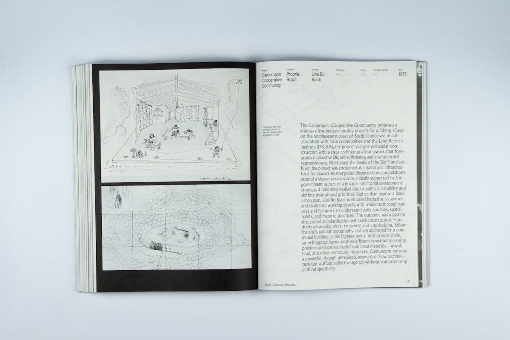 An open book shows two black-and-white sketches on the left page and a block of text about Architecture’s Kinships in a cooperative community project on the right page.