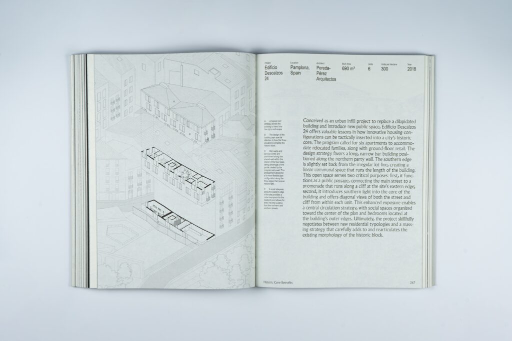 Open book showing Architecture’s Kinships in floor plans and a diagram on the left page, with project details and descriptive text on the right.