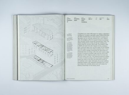 Open book showing Architecture’s Kinships in floor plans and a diagram on the left page, with project details and descriptive text on the right.
