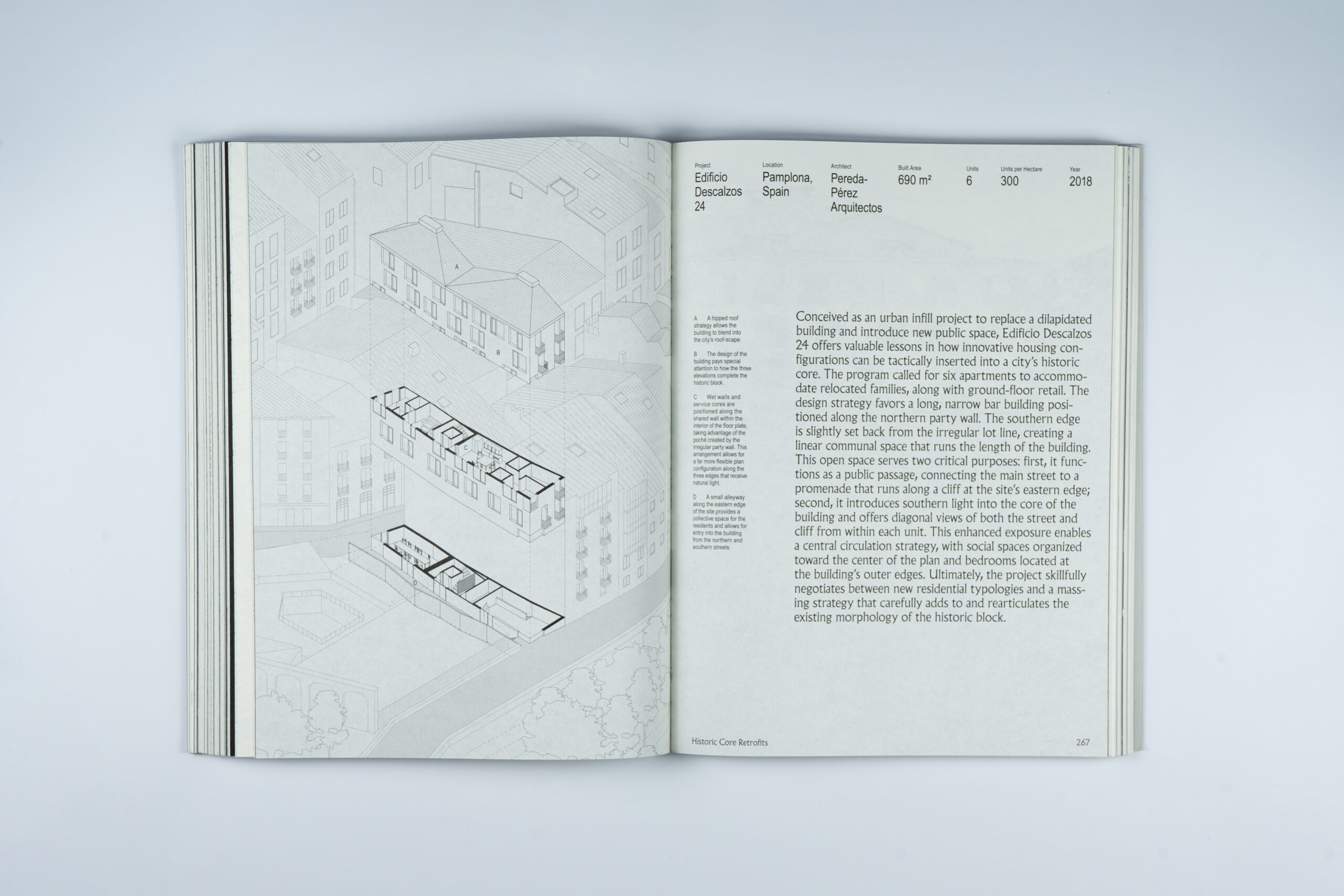 Open book showing Architecture’s Kinships in floor plans and a diagram on the left page, with project details and descriptive text on the right.