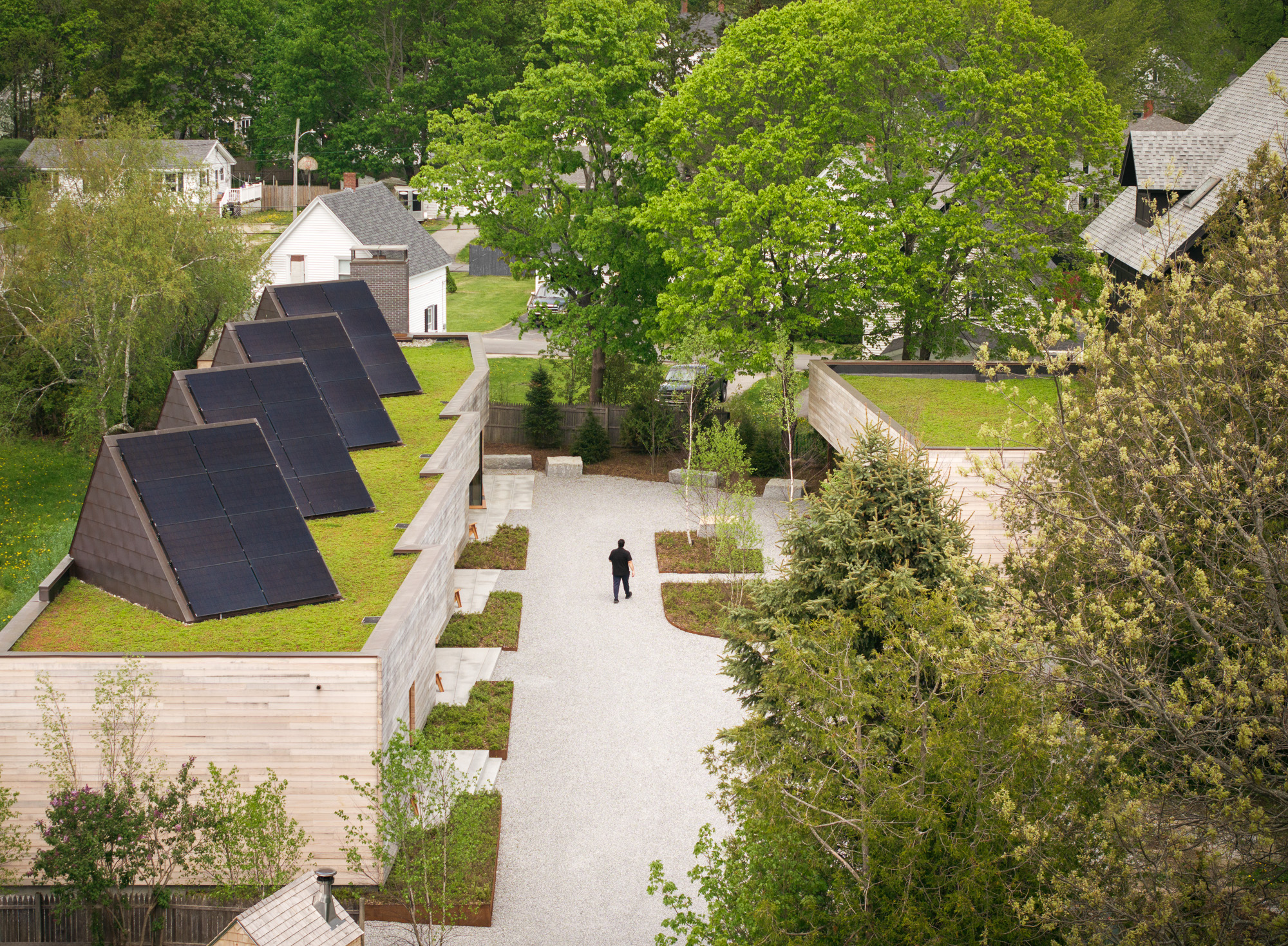 An aerial view of the Ellis-Beauregard Foundation building with solar panels on a green roof, with a person walking across a gravel courtyard surrounded by trees.