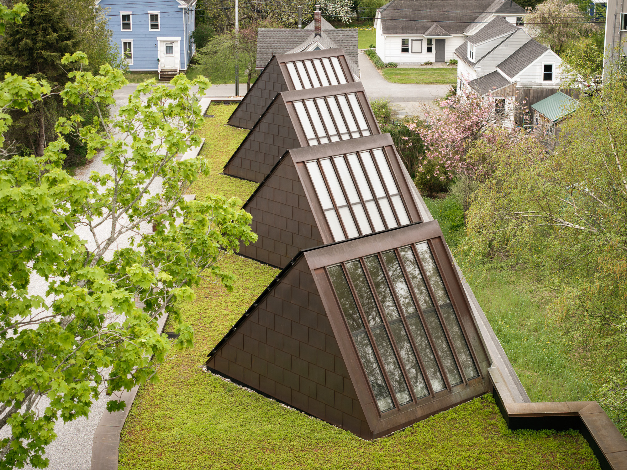 A green roof with four tiered, pyramid-shaped glass skylights at the Ellis-Beauregard Foundation in a residential neighborhood.